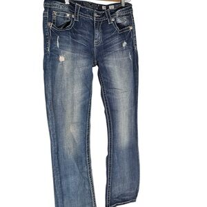 Miss Me Women's Blue Straight Jeans with Embroidered Back Pockets low rise Y2K